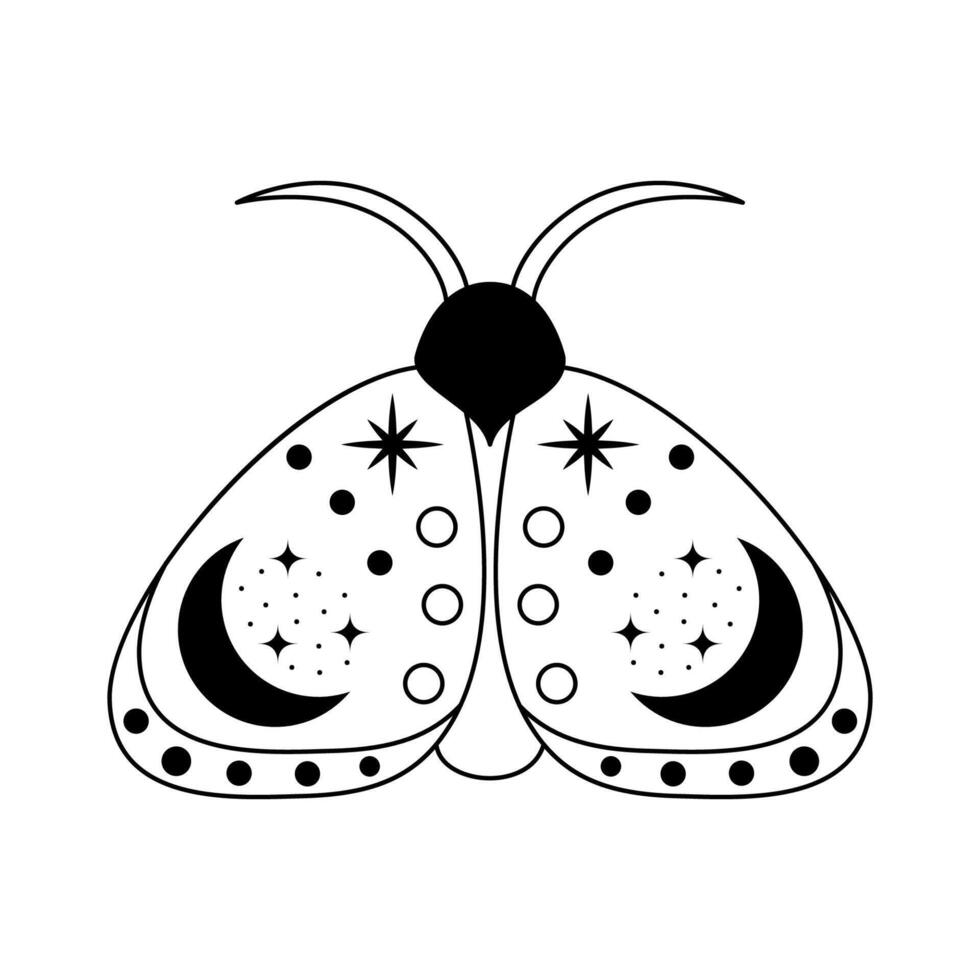 Celestial Moth black and white linear illustration isolated on white background vector