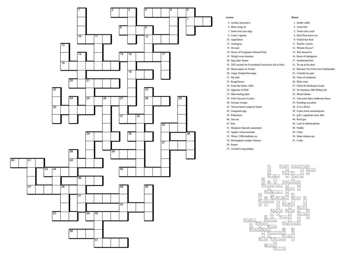 Crossword puzzle game with clues and solution vector