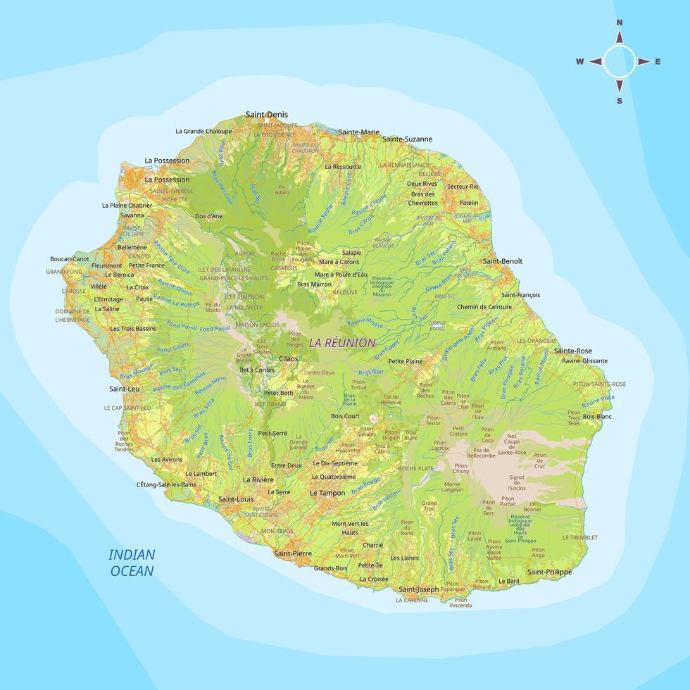La Reunion detailed physical political map vector