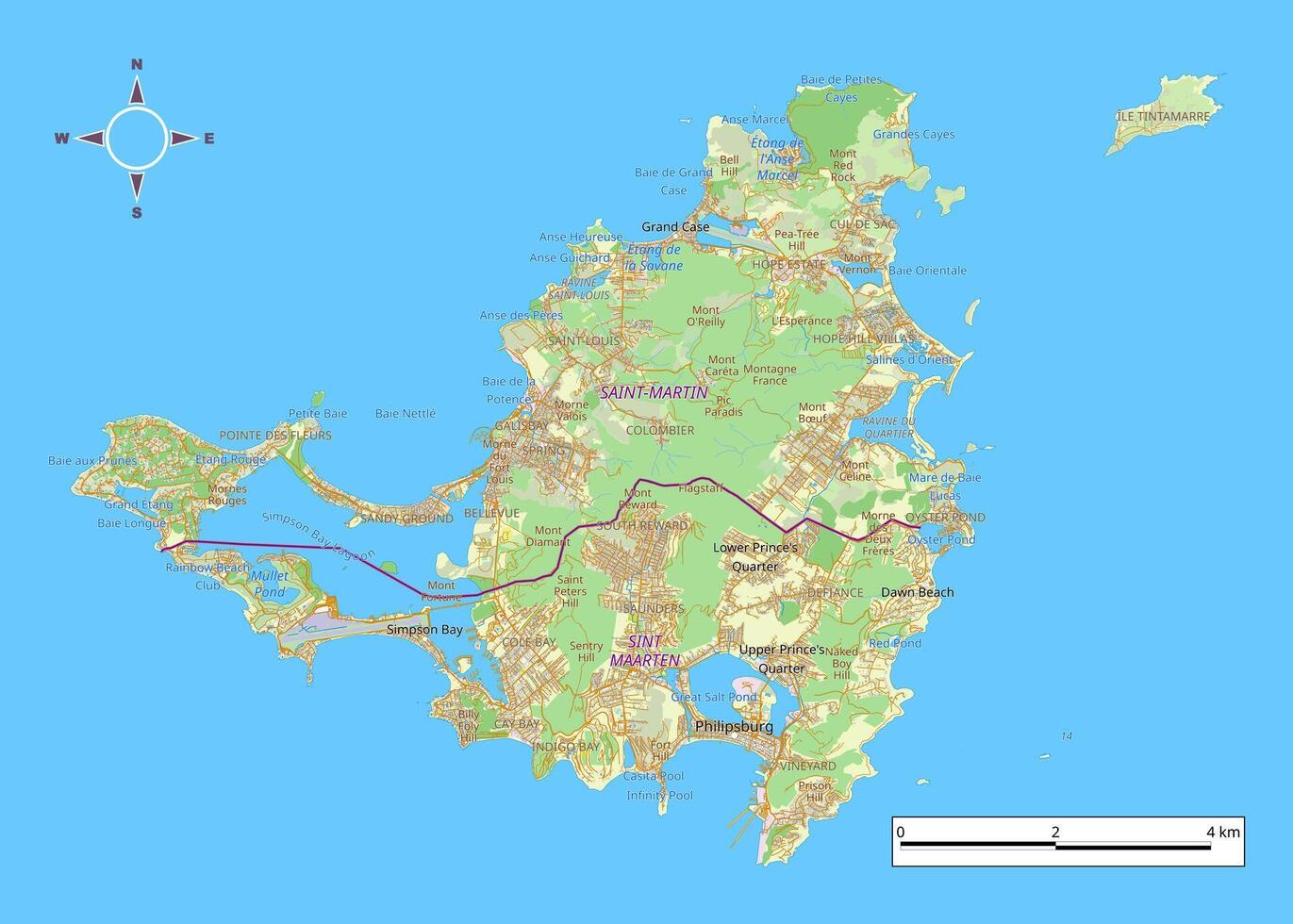 Saint Martin and Sint Maarten detailed map vector