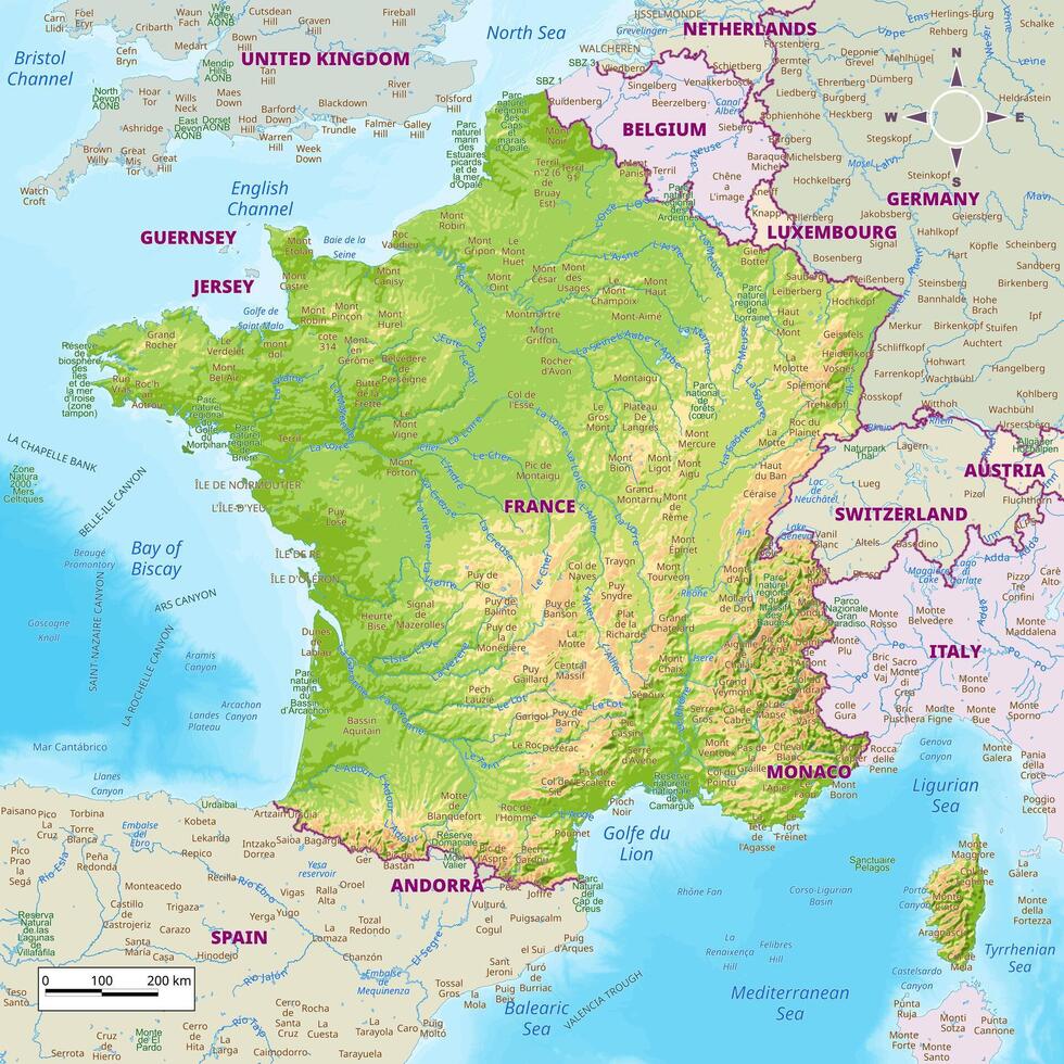 France physical map with national borders, rivers and lakes, mountains, parks, labeling vector