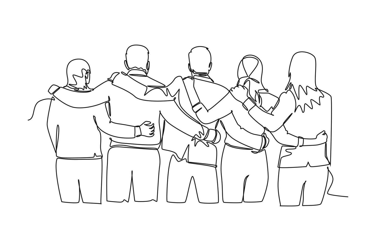 Single one line drawing back view of group men and woman from multi ethnic standing and hugging together show their unity bonding. Friendship. Continuous line draw design graphic illustration vector