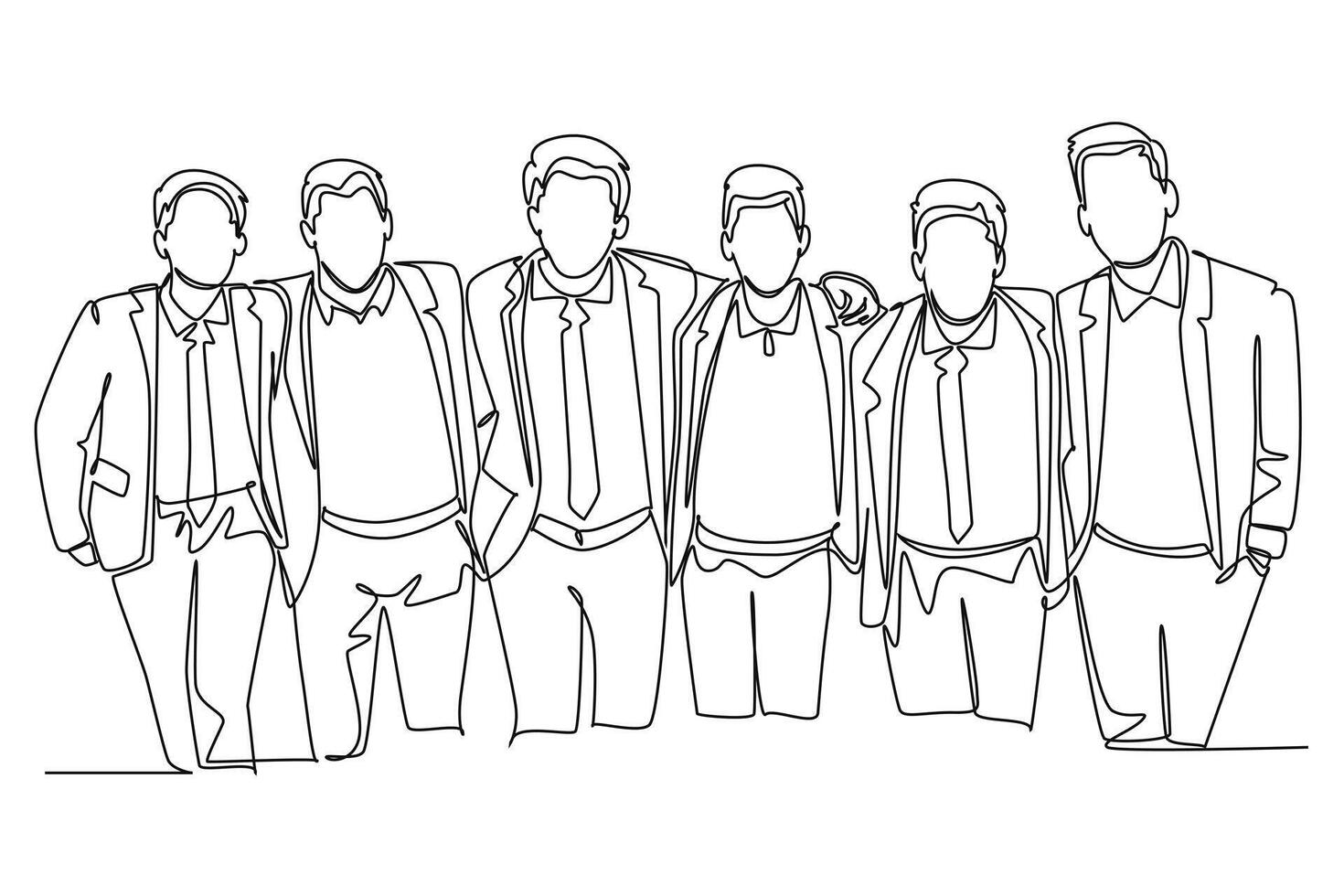 Continuous one line drawing group of happy young men hugging. Male together. Happy friendship day with diverse friends of people hugging together. Single line draw design graphic illustration vector