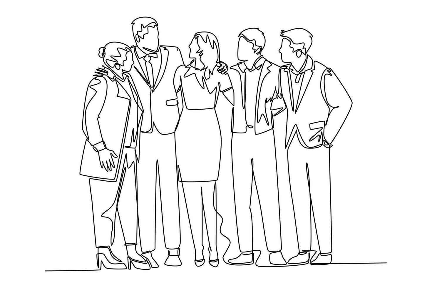 Continuous one line drawing young male and female business people posing hugging each other to celebrate their success. Business goal achievement. Single line draw design graphic illustration vector