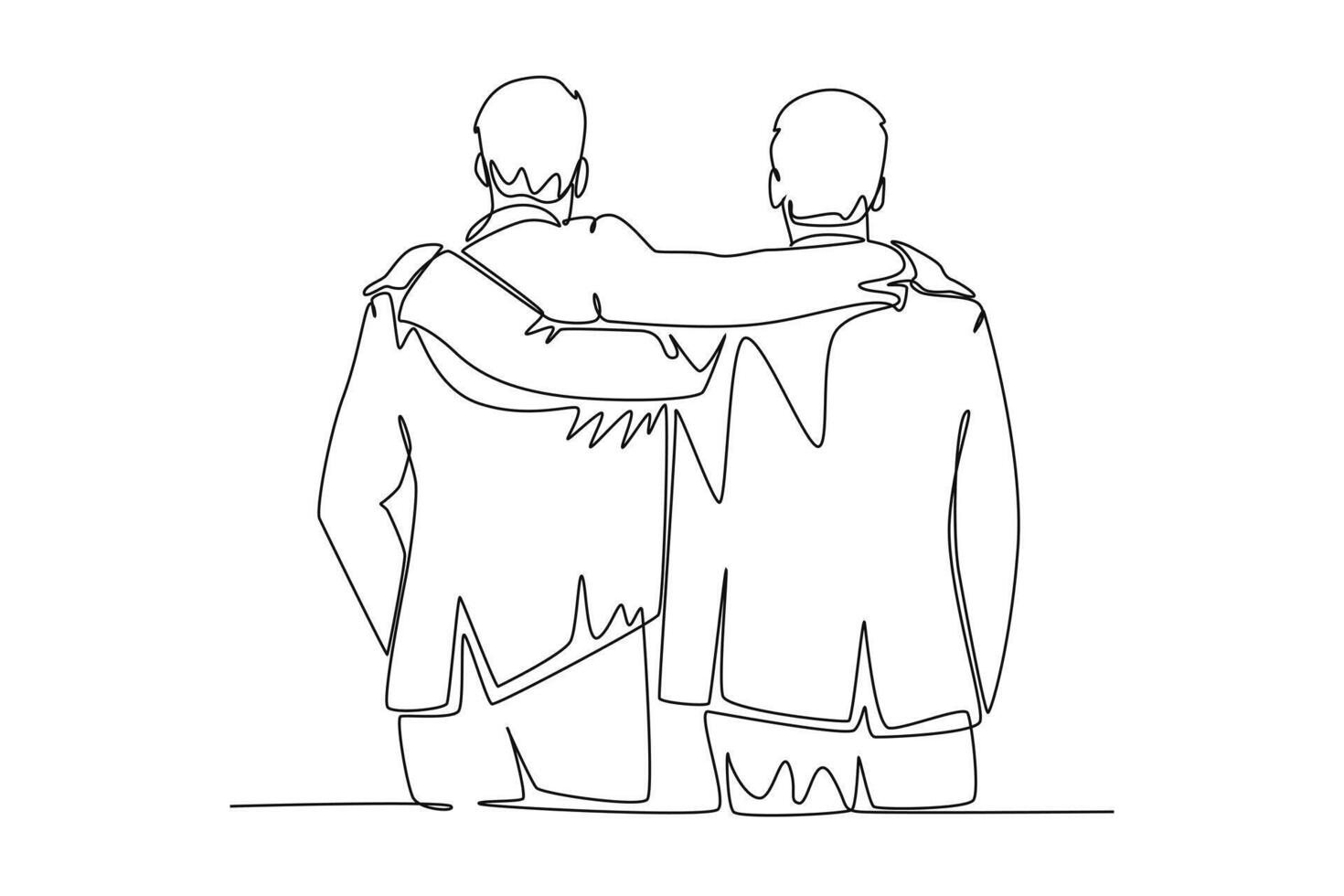 Single continuous line drawing back view of two male workers at office hugging and supporting each other for success of their career. Friend support. One line draw graphic design illustration vector