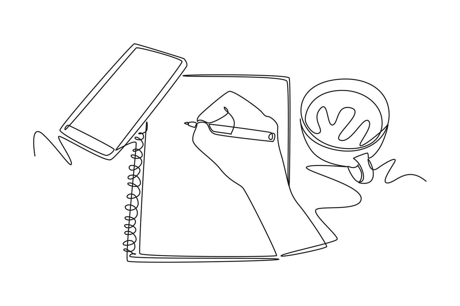 Continuous one line drawing of hand gesture writing on an open book beside a cup of coffee and smartphone. Writing draft business startup concept. Single line draw design graphic illustration vector