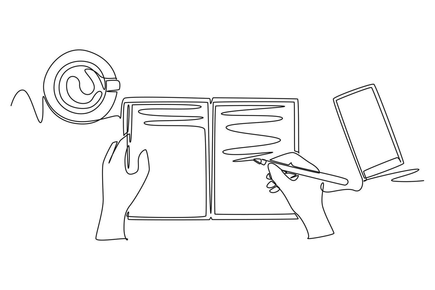 Continuous one line drawing top view of hand writing gesture on book beside smartphone screen and cup of coffee or tea on work desk. Worker gadget. Single line draw design graphic illustration vector