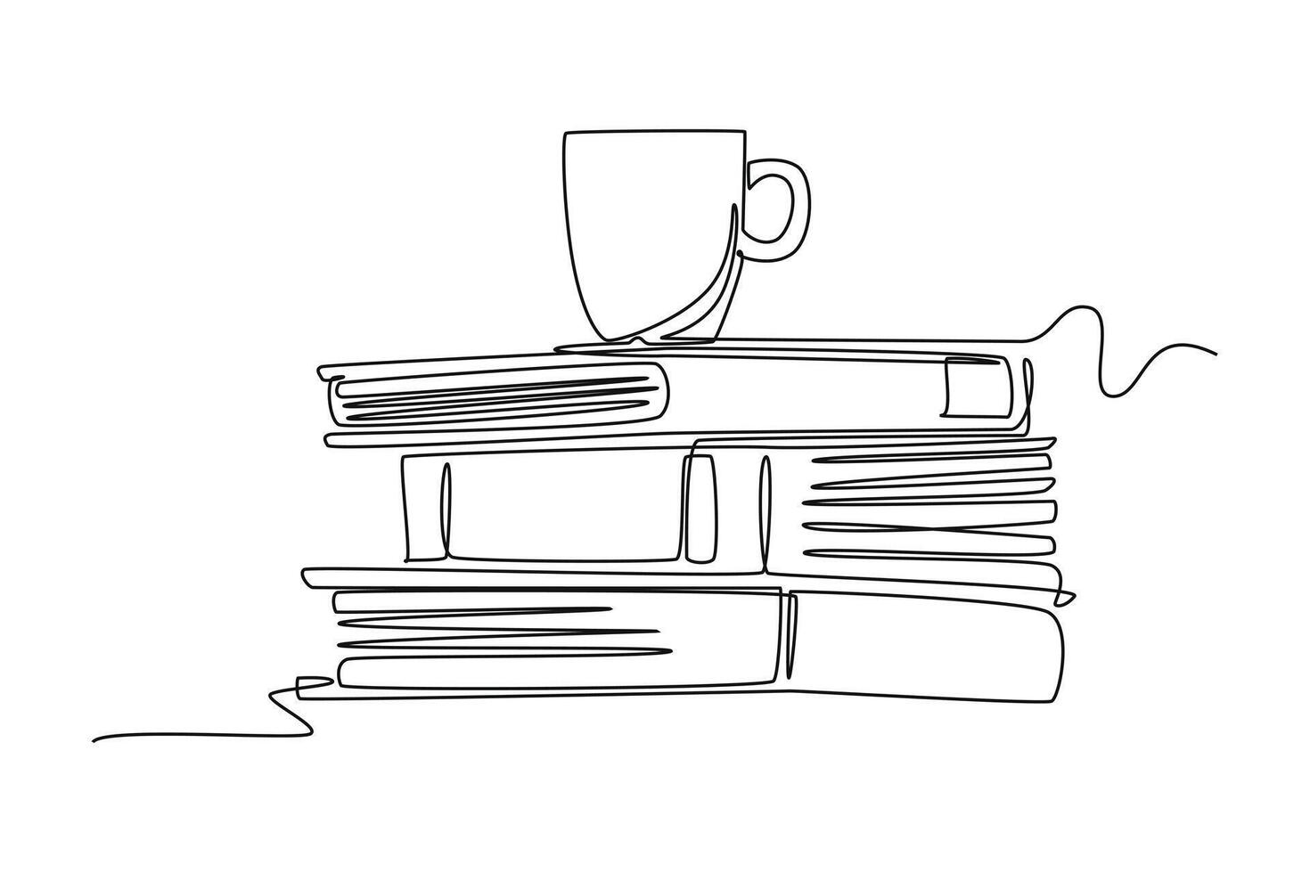 Single continuous line drawing cup of coffee or tea on pile of books on office desk. Work space table with books stack. Education and learning concept. One line draw graphic design illustration vector