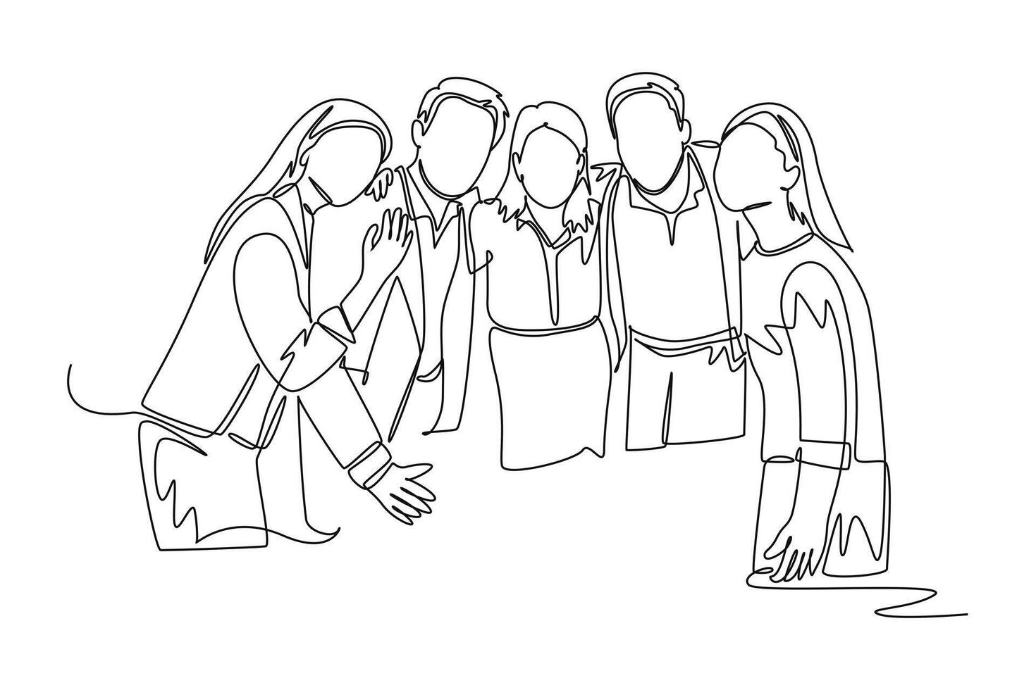 Continuous one line drawing of young male and female business people from multi ethnic standing together and posing elegantly. Unity in diversity. Single line draw design graphic illustration vector