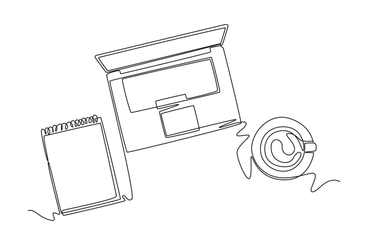 Single continuous line drawing top view of computer laptop, smartphone, tablet and book a cup of coffee at business office desk. Work space table concept. One line graphic design illustration vector