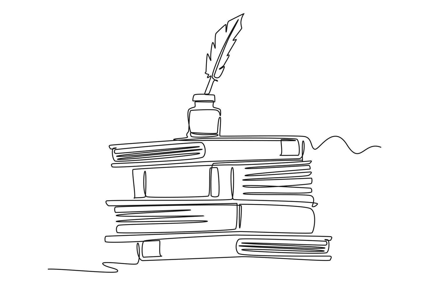 Single continuous line drawing of ink and quill pen on stack of books and office desk. Vintage writing equipment for writer or student concept. Dynamic one line draw graphic design illustration vector