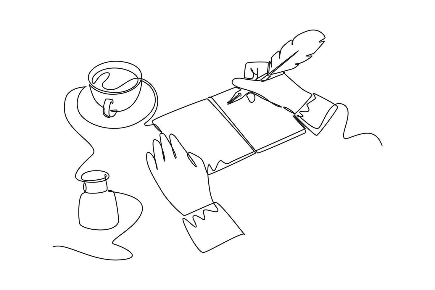 Continuous one line drawing of hand writing gesture with ink and quill pen on open book with cup of coffee. Retro handwriting for writer or student. Single line draw design graphic illustration vector