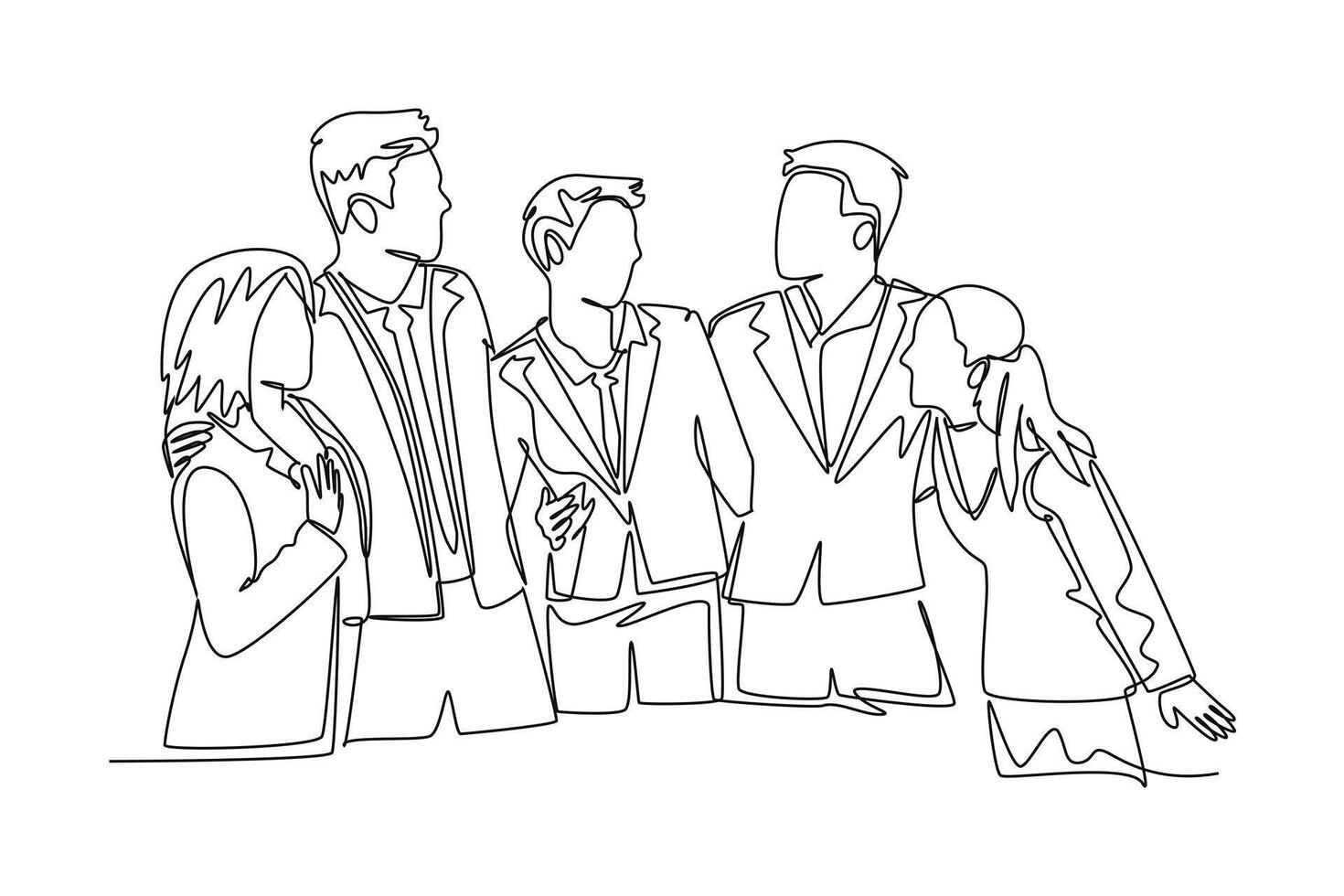 Continuous one line drawing young male and female business people posing hugging each other to celebrate their success. Business goal achievement. Single line draw design graphic illustration vector