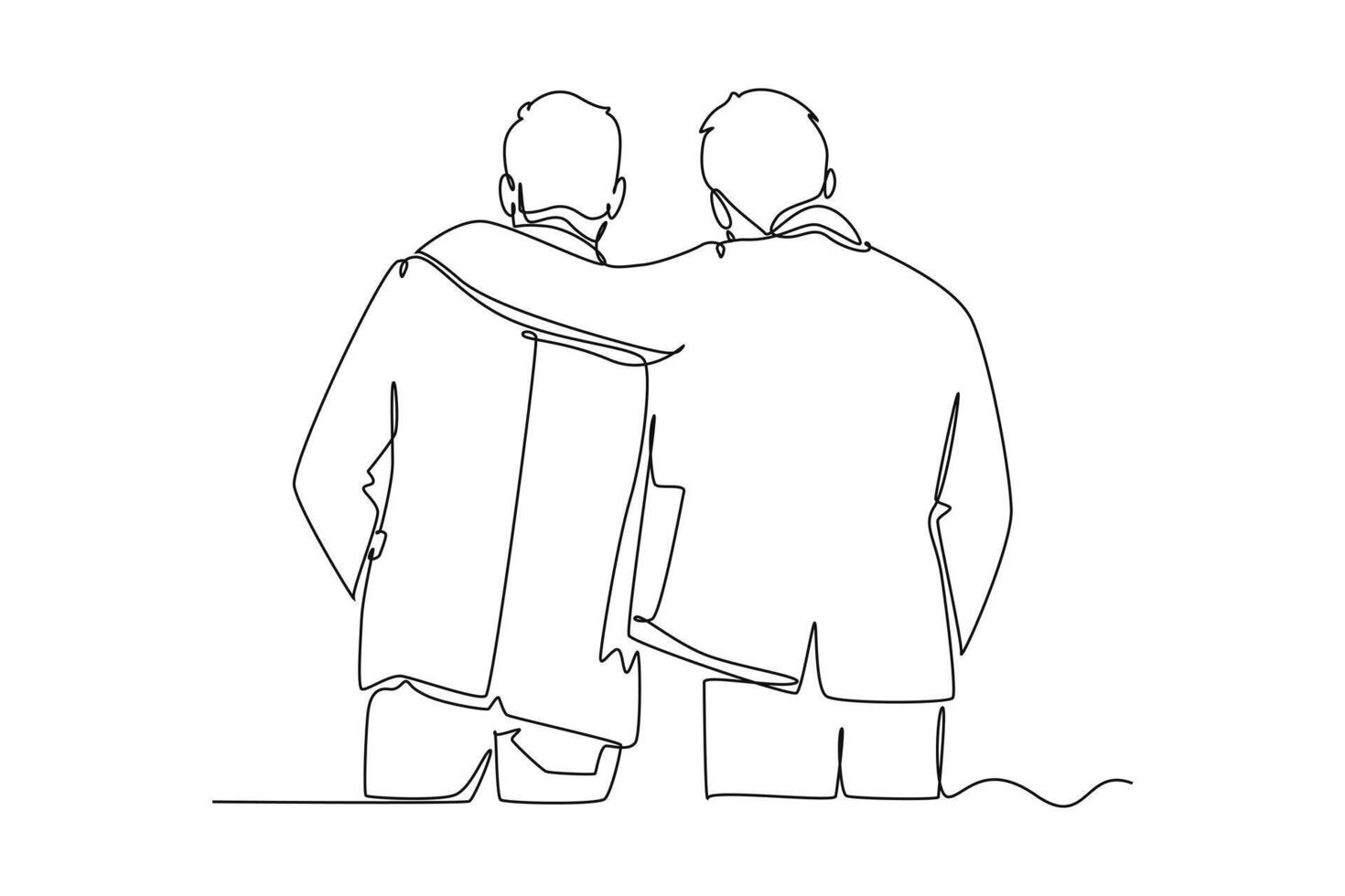 Single one line drawing back view of young happy businessmen hugging each other to show support when meeting at the office. Business friendship. Continuous line draw design graphic illustration vector