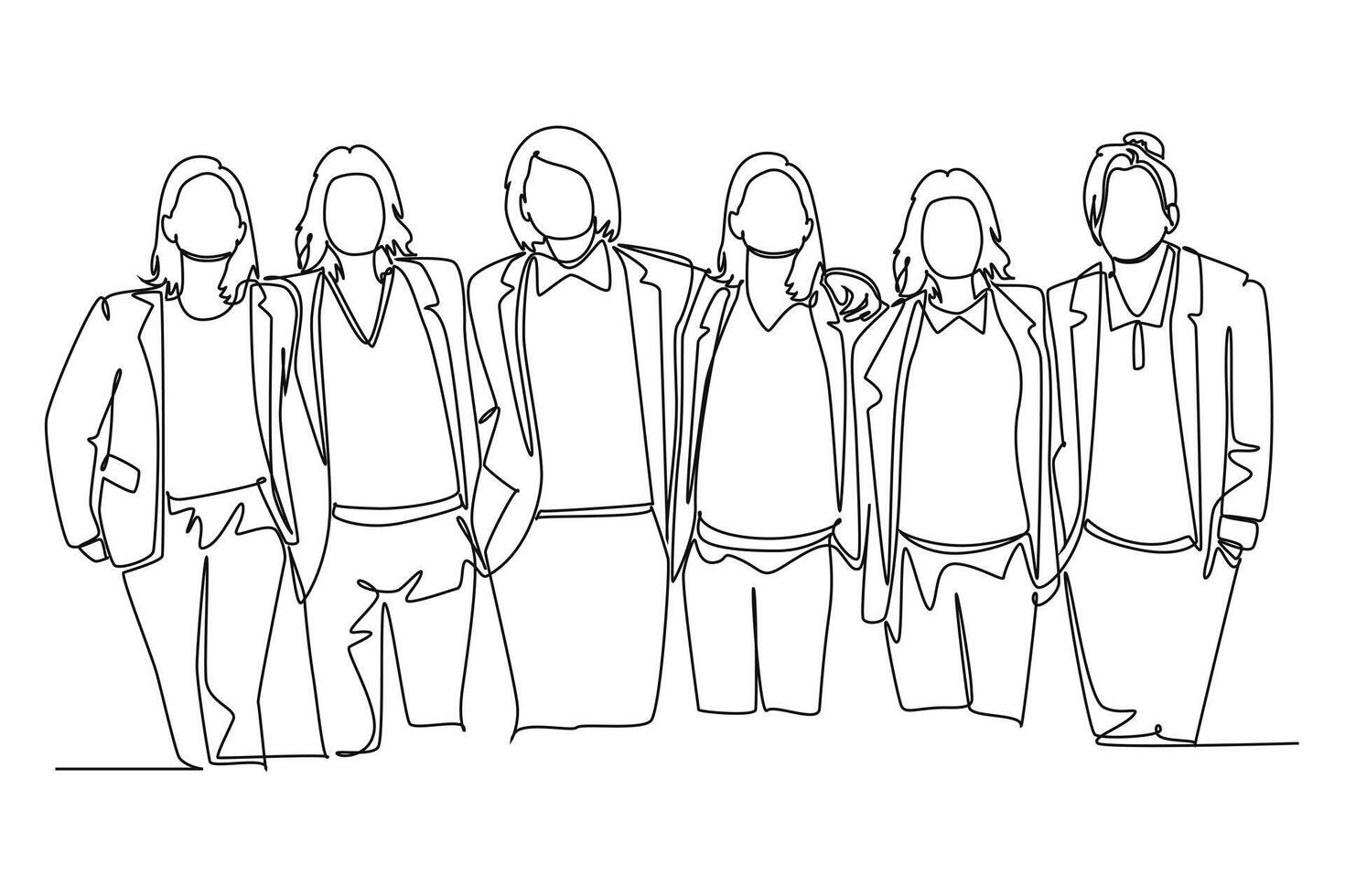 Continuous one line drawing group of women are hugging. Female together. Happy friendship day with diverse friends of people hugging to celebrate special event. Single line design illustration vector