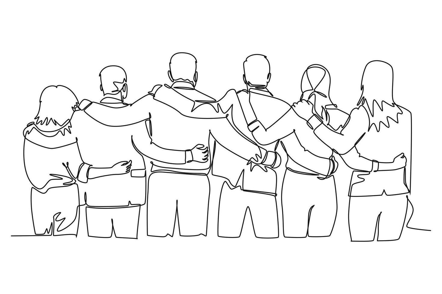 Single one line drawing back view of group men and woman from multi ethnic standing together to show their friendship bonding. Unity in diversity. Continuous line design graphic illustration vector