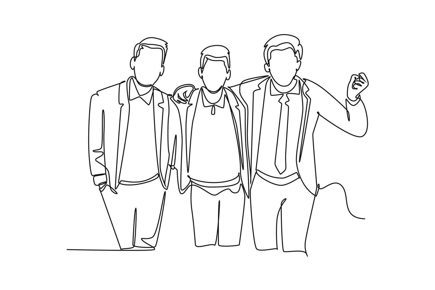 Single continuous line drawing of three young male employee standing together and hugging each other while meeting at the office. Business friendship. One line draw graphic design illustration vector