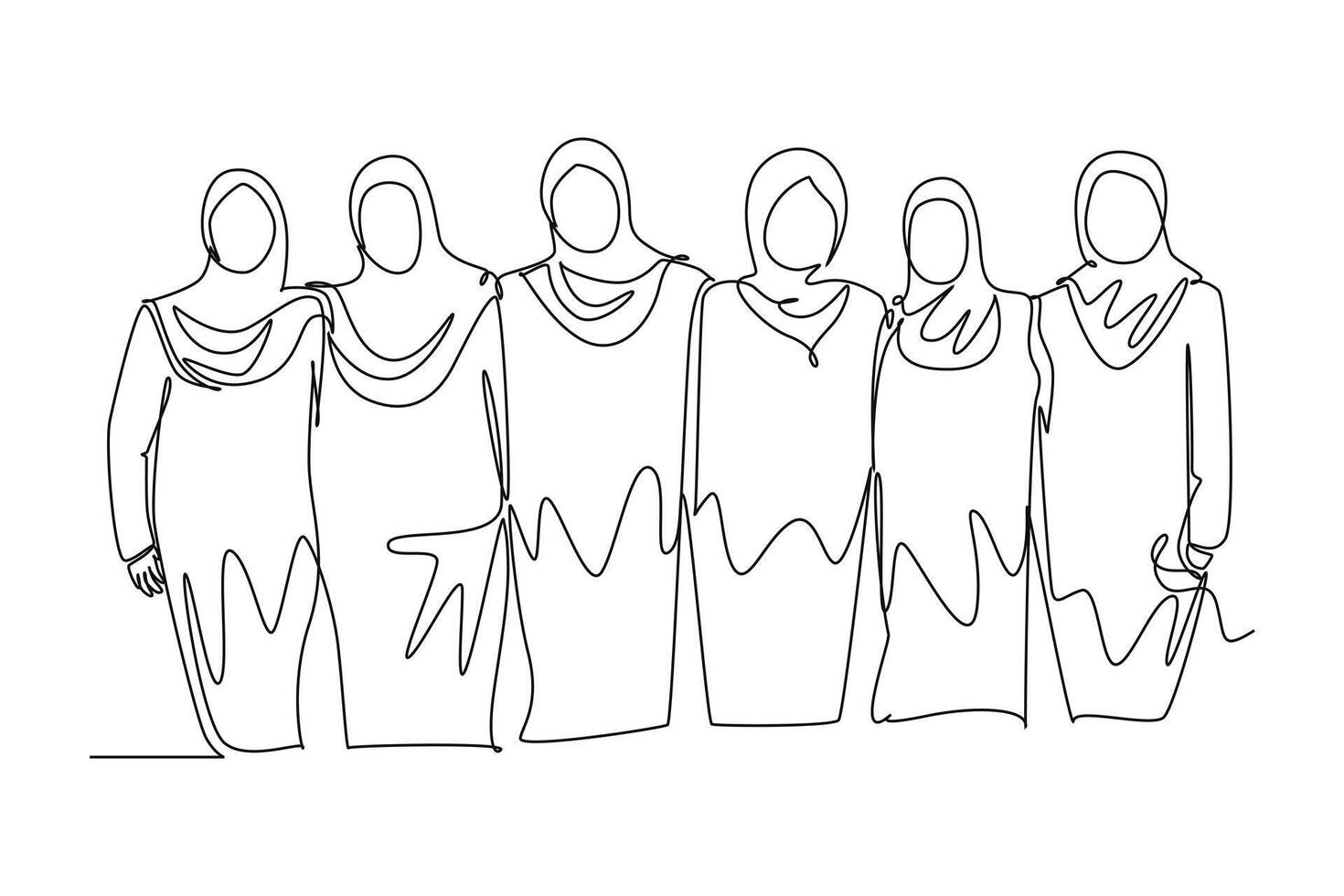Continuous one line drawing group of Arab women hugging. Female together. Happy friendship day with diverse friends of people hugging to celebrate special event. Single line design illustration vector
