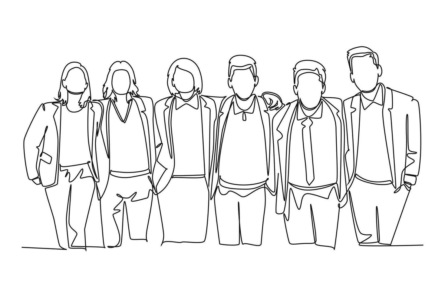 Continuous one line drawing friends forever. Hugging happy friendship with boys and girls standing together. Group of friends, men and women good relationships. Single line design illustration vector