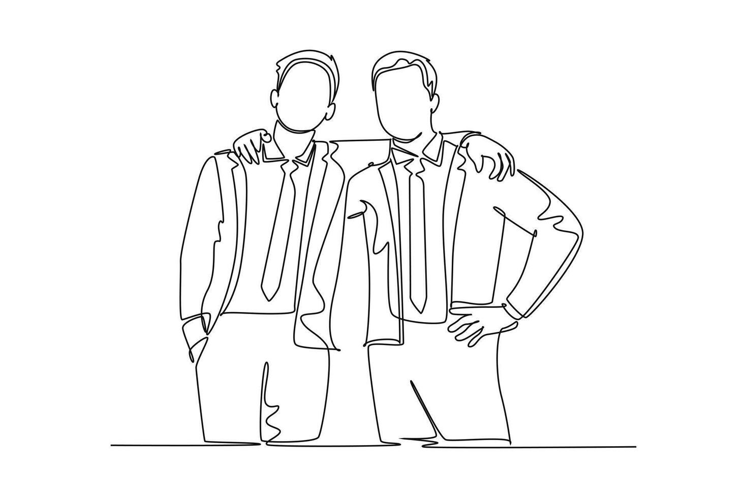 Single continuous line drawing of two young happy businessmen at the office standing together and posing to hug each other. Business partner concept. One line draw graphic design illustration vector