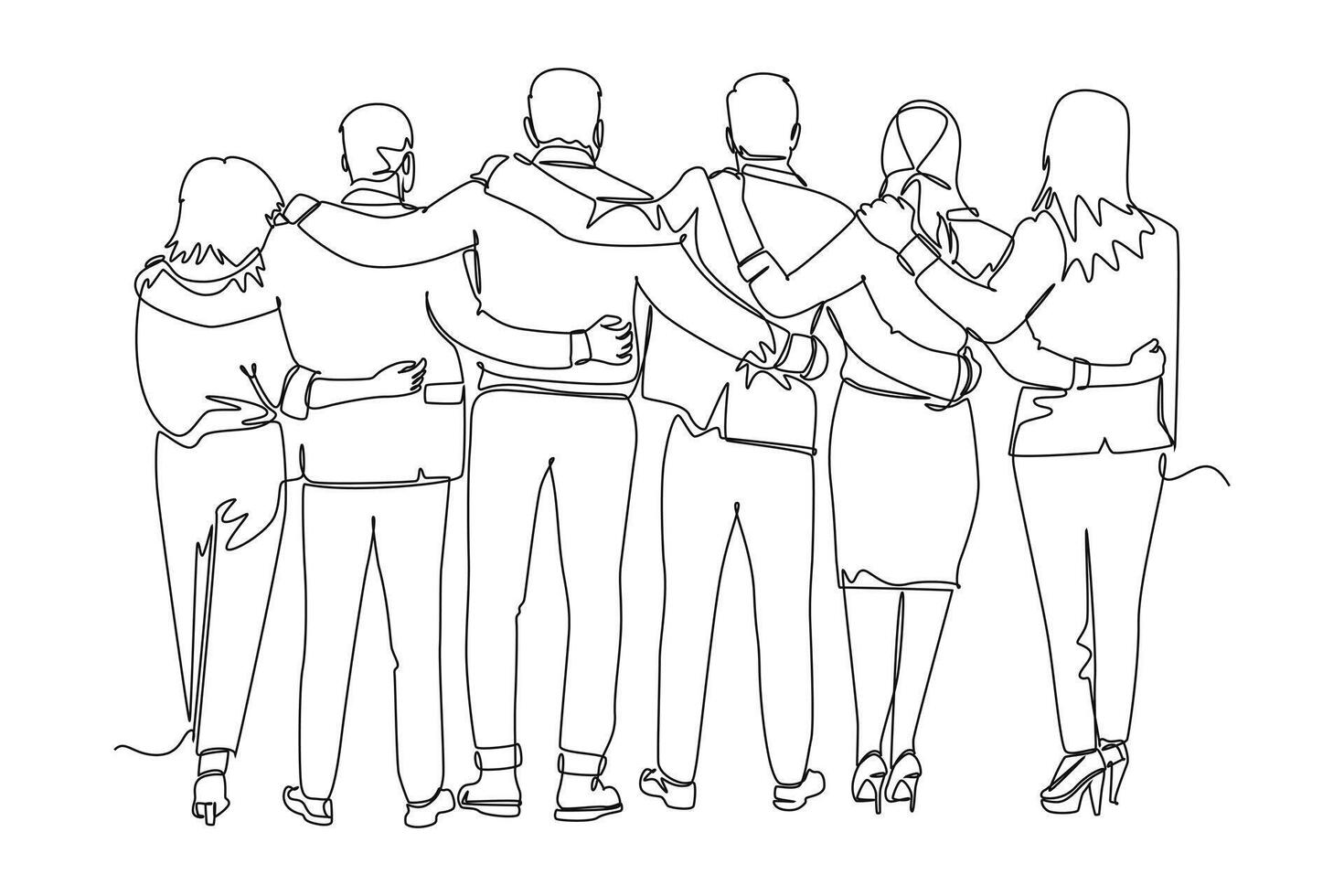 Single one line drawing back view of group men and woman from multi ethnic standing together show their friendship bonding. Unity in diversity. Continuous line draw design graphic illustration vector