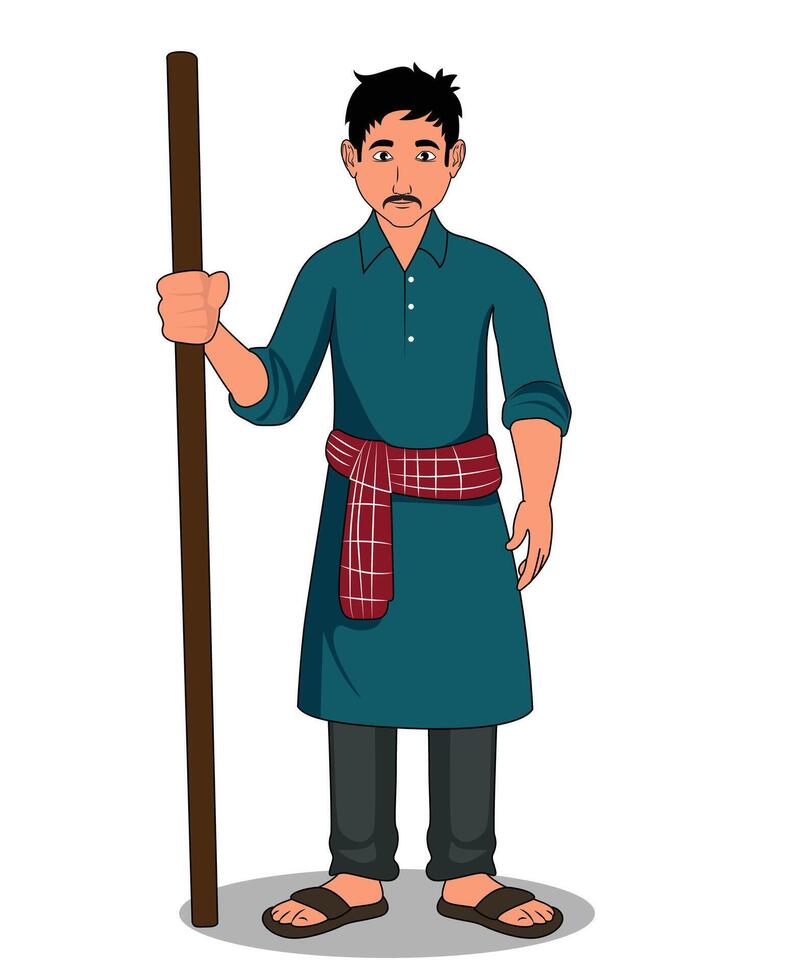 A village man holding a stick, front pose cartoon character design vector