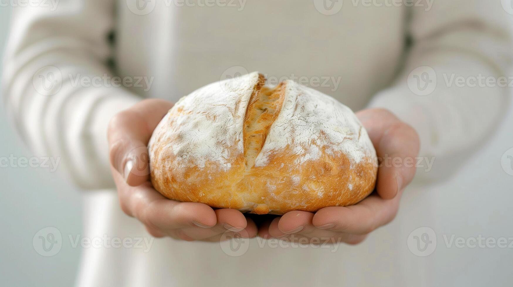 Bread in hands of person photo