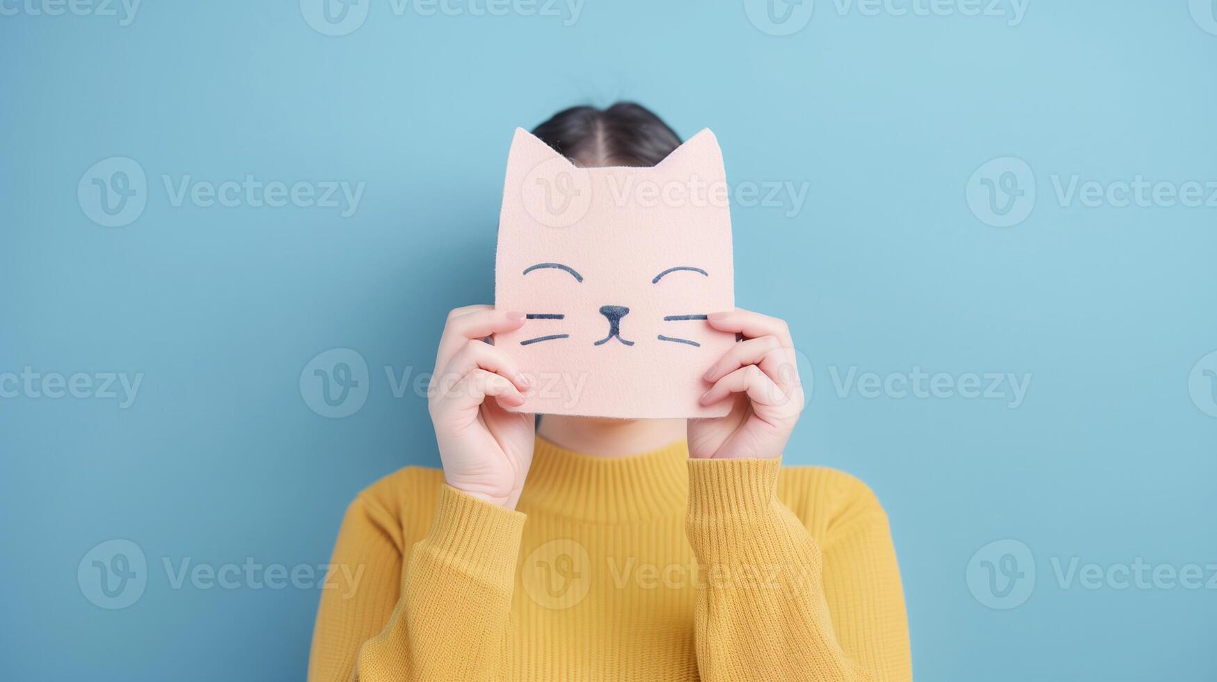 Woman holding paper with cat face on it photo