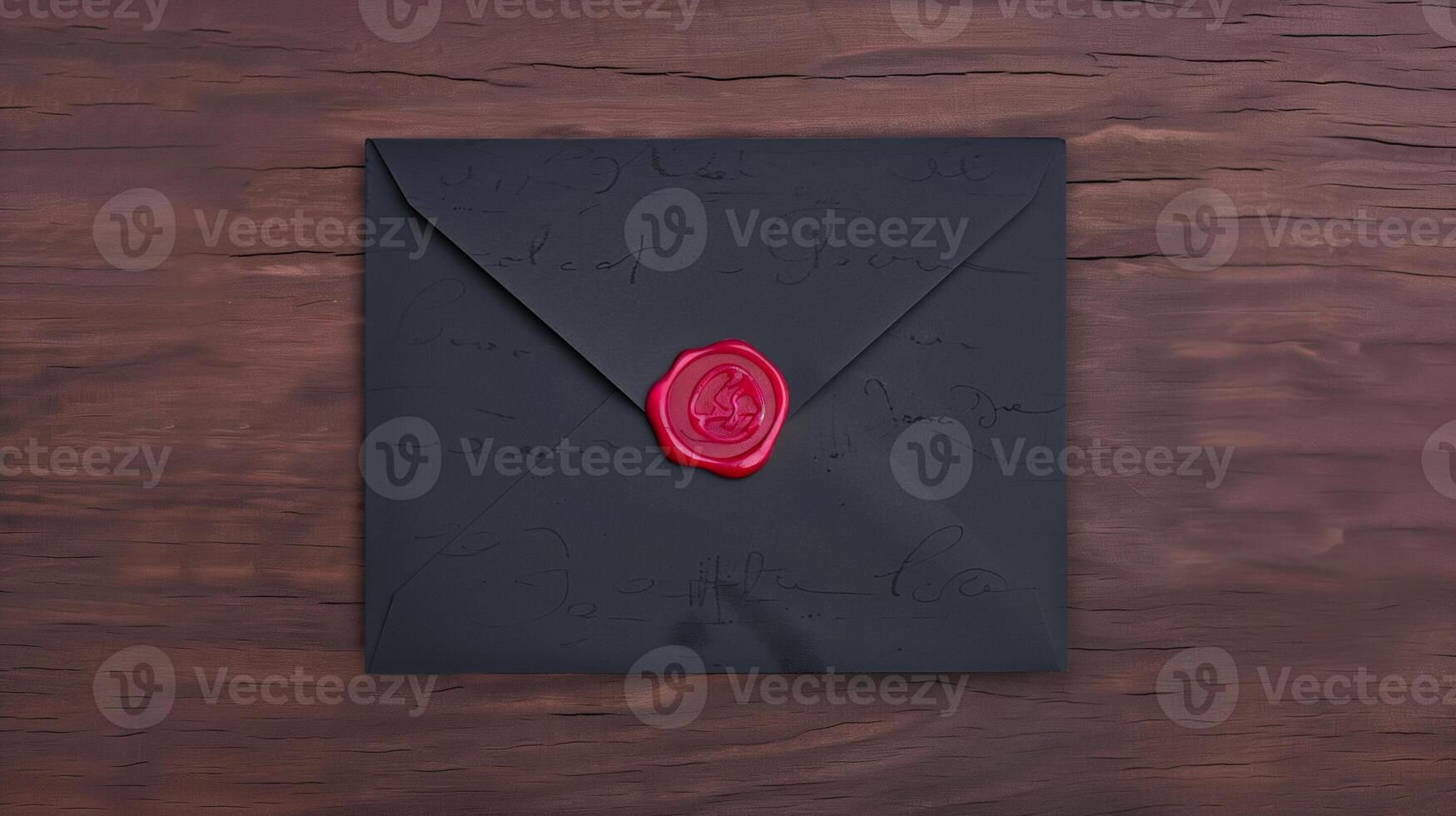 A black envelope with a red wax seal on top photo