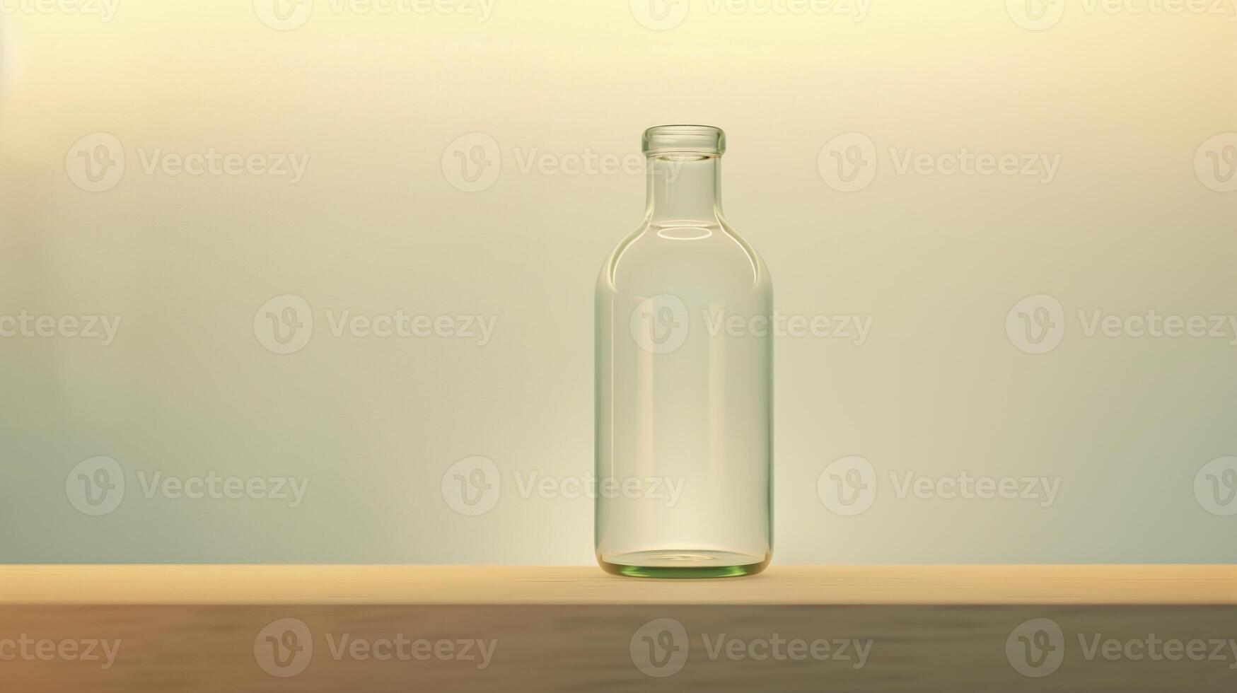 Minimalistic Glass Bottle on Wooden Surface with Soft Gradient Background, Versatile for Product Mockups, Minimalism Themes, and Modern Design Concepts photo