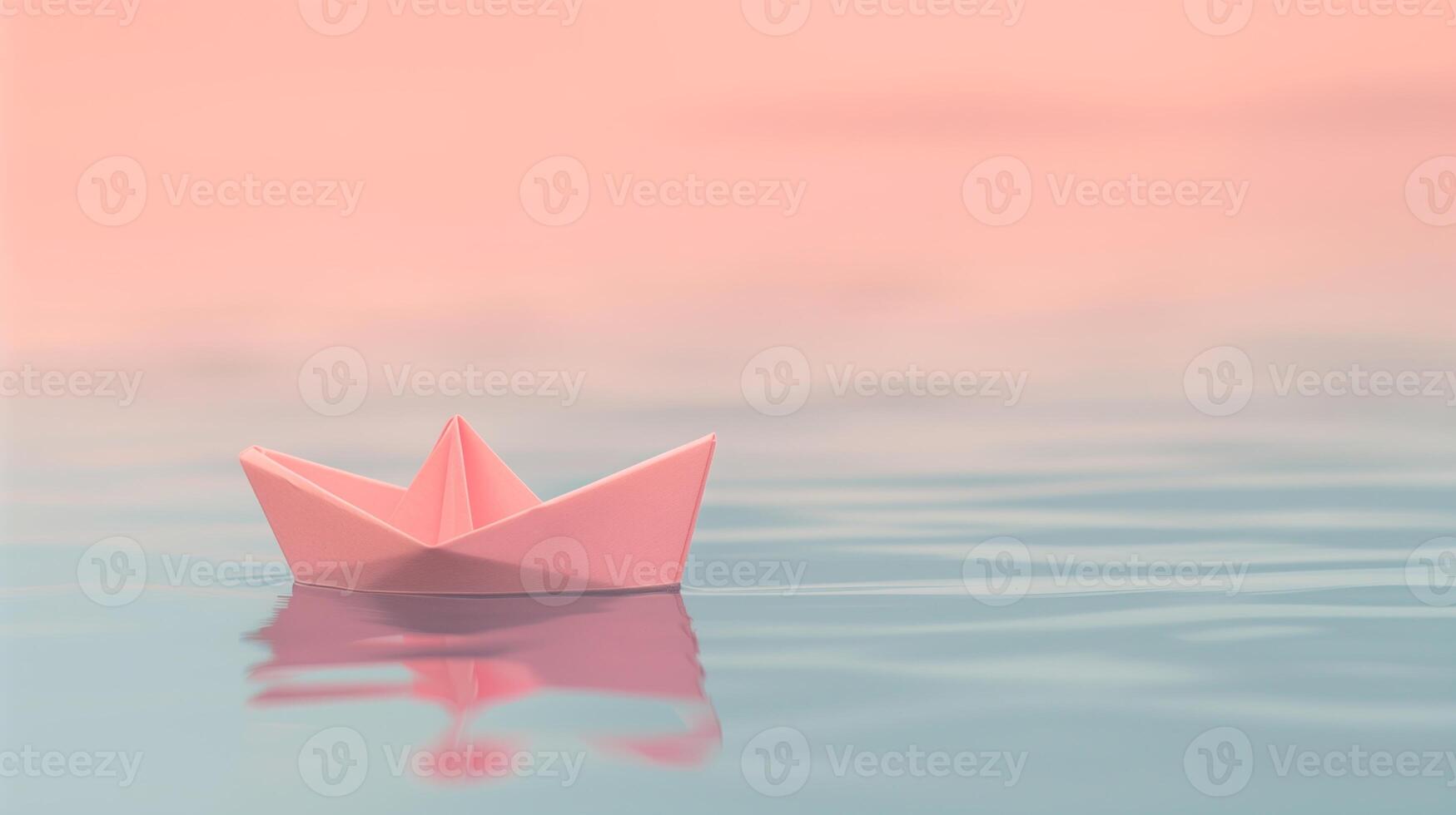 Pink Origami Paper Boat Floating on Calm Water Under Soft Sunset Sky - Tranquil Minimalist Scene Symbolizing Peace, Serenity, and Simplicity photo