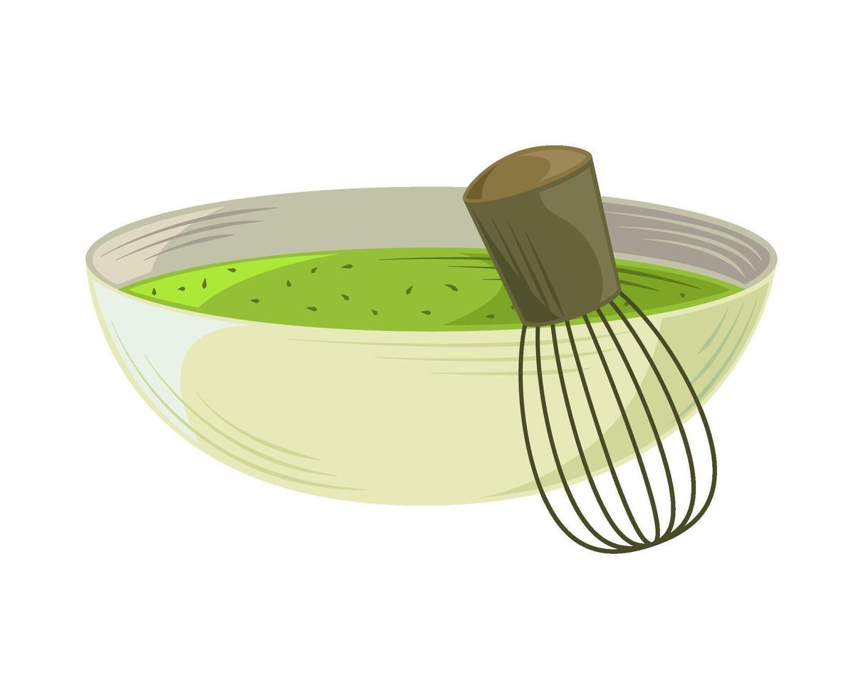 A bowl with green liquid and a whisk vector