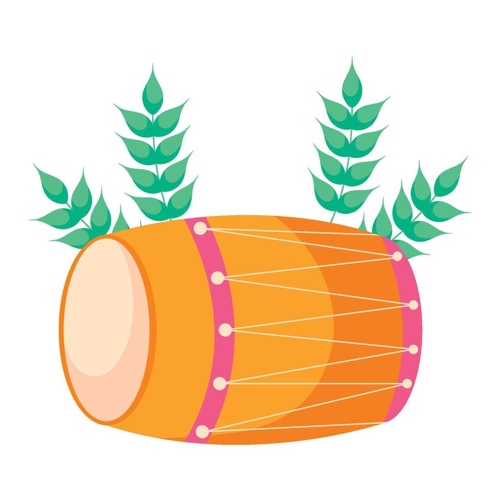Drum with green leaves and flowers on a white background vector