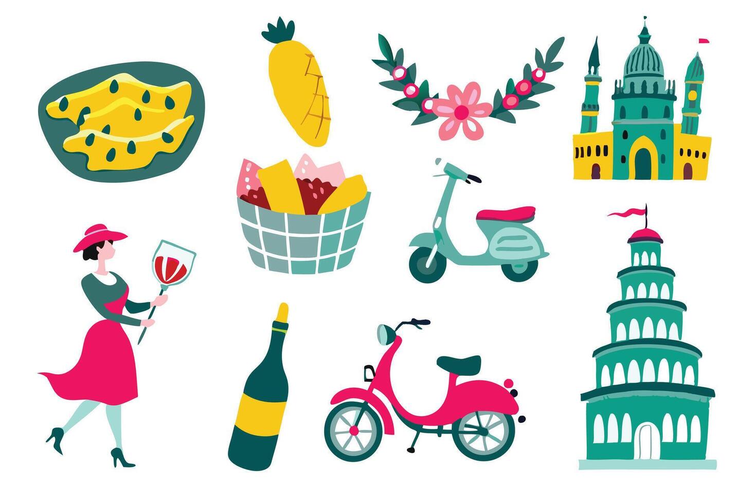 Italy travel cliparts set with woman riding scooter and Italian greyhound in basket. Italian vintage design elements on white background vector