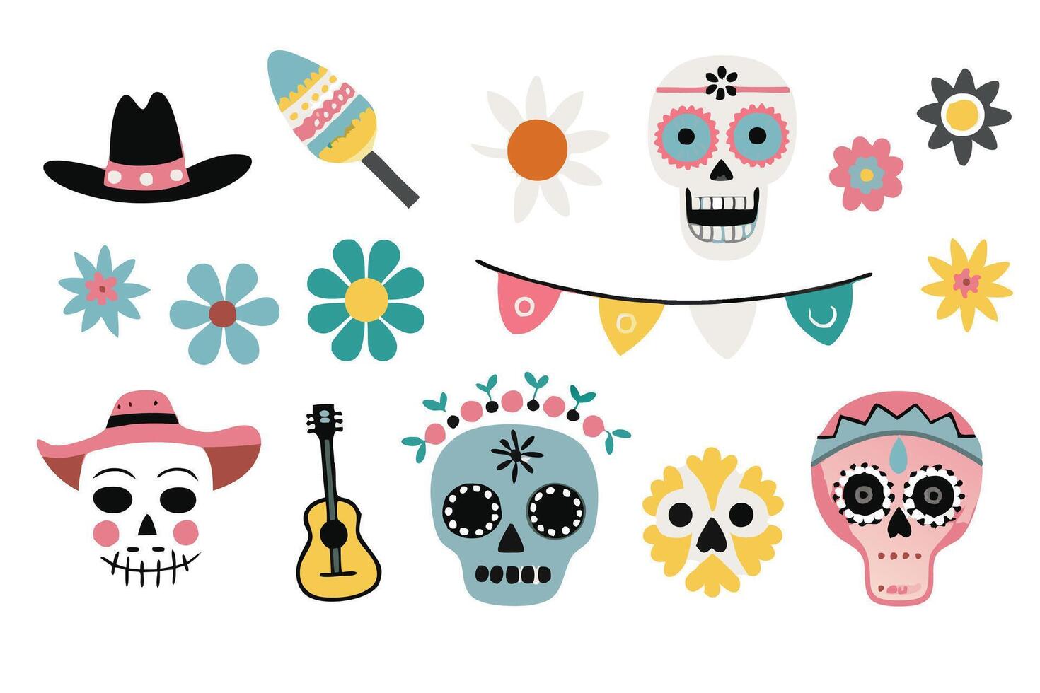 Mexican cartoon symbols of dia de los muertos or day of dead holiday on white background vector