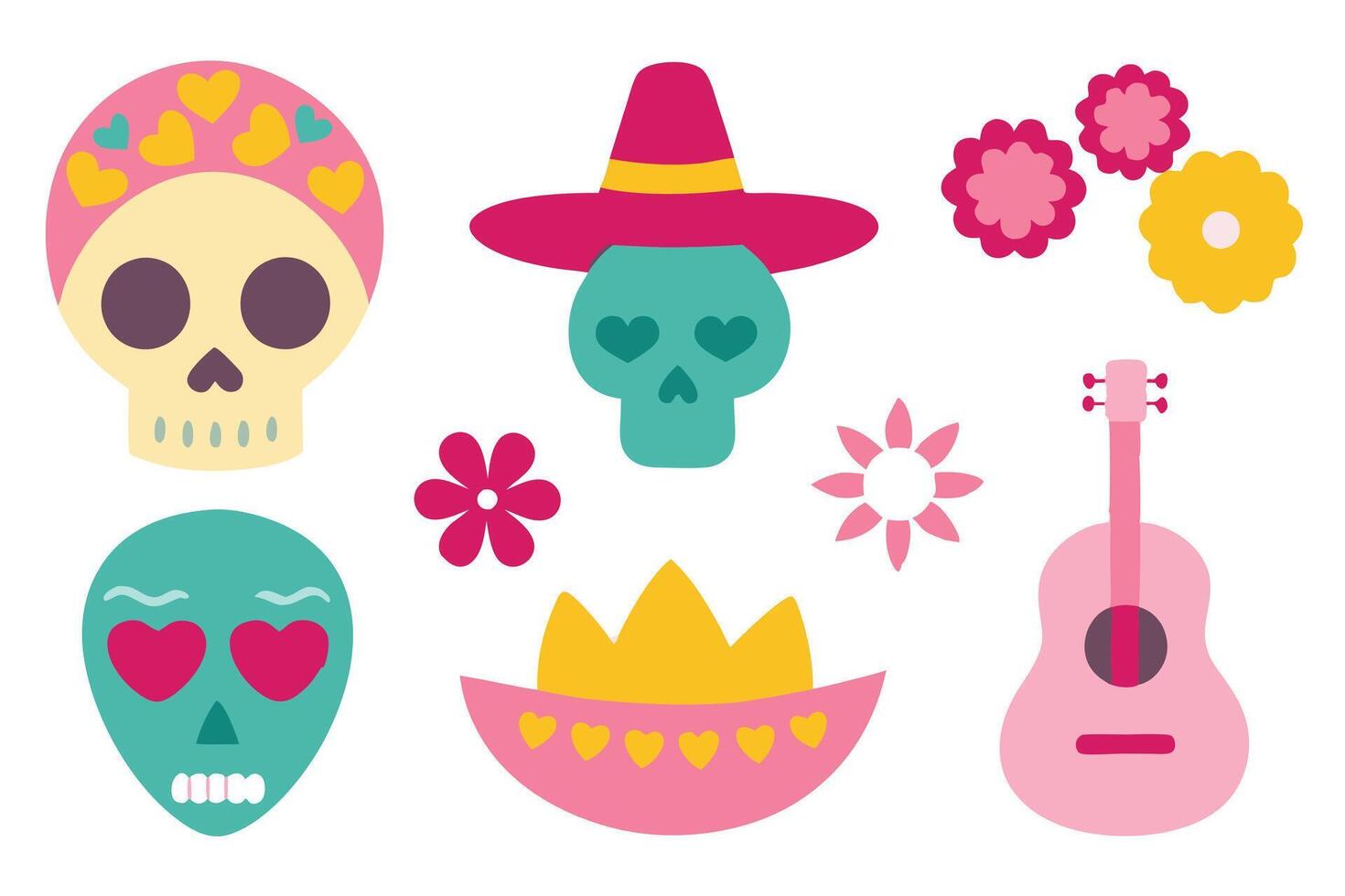 Mexican cartoon symbols of dia de los muertos or day of dead holiday on white background vector