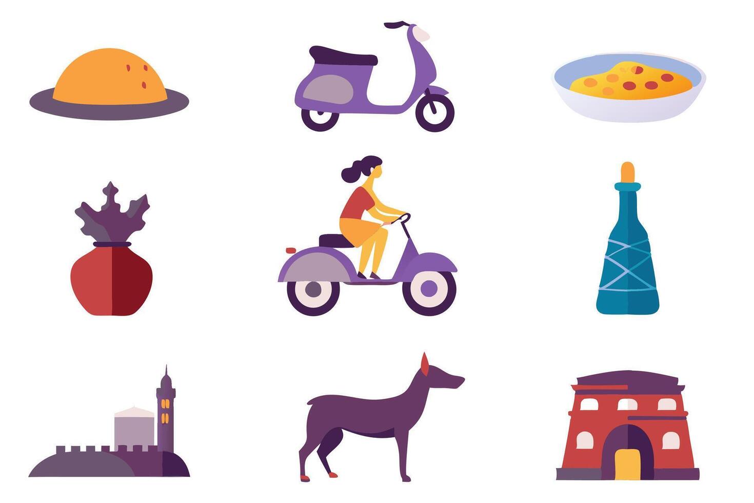 Italy travel cliparts set with woman riding scooter and Italian greyhound in basket. Italian vintage design elements on white background vector