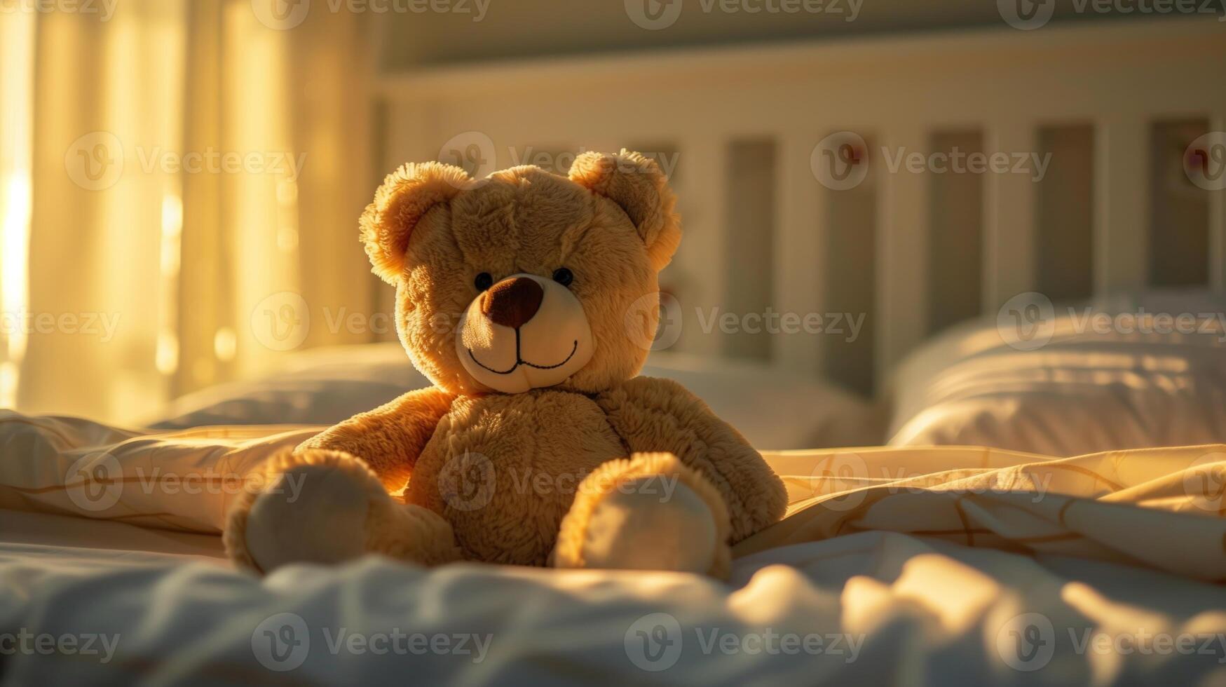 Teddy Bear on Sunlit Bed in Cozy Bedroom, Morning Sunshine Through Windows, Child's Room, Soft Plush Toy, Serene Atmosphere, Warm and Inviting, Comfortable Bedding, Peaceful Home Decor Scene photo