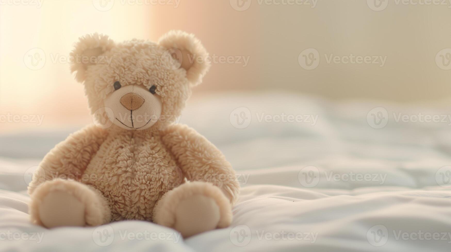 Adorable Fluffy Teddy Bear Sitting on Cozy Bed in Sunlit Bedroom - Soft Toy for Kids and Nursery Decor, Warm and Comforting, Ideal for Baby Showers and Children's Gifts photo