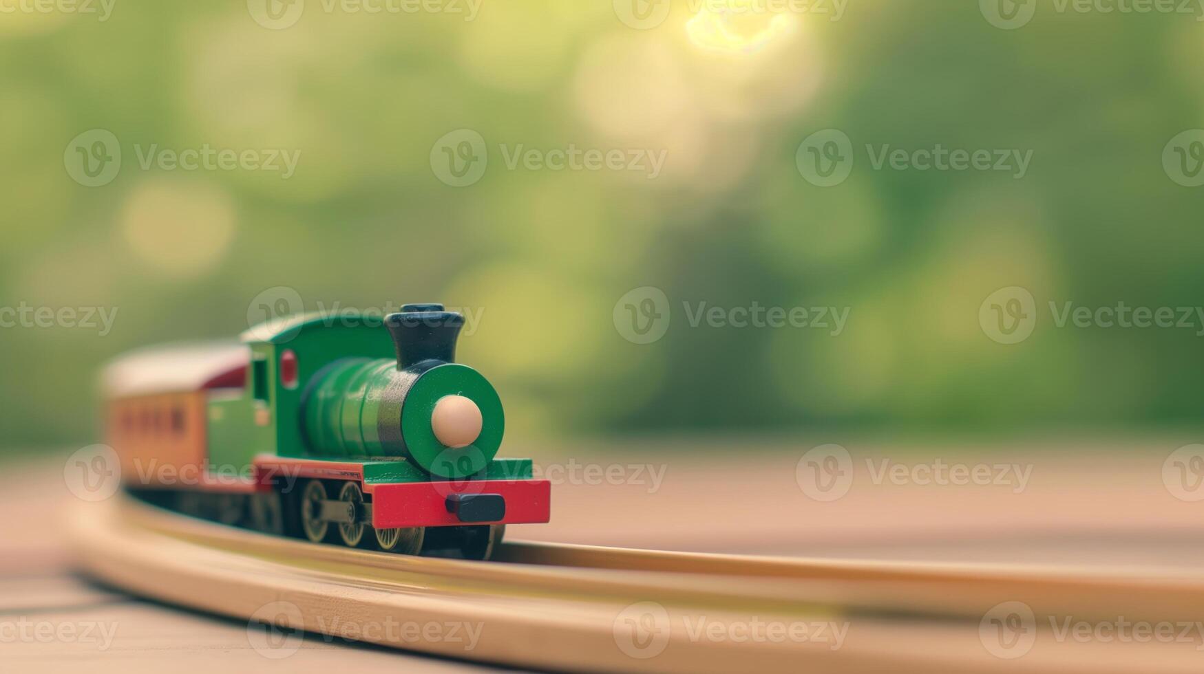 Charming Wooden Toy Train on Outdoor Track with Sunlit Green Bokeh Background for Playful Childhood Memories and Eco-Friendly Toy Design photo