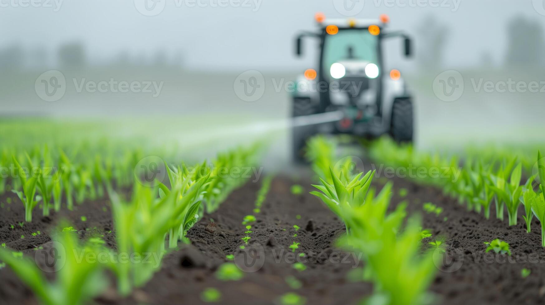 Tractor spraying crops in a field during early growth stages. Agricultural machinery in action for modern farming techniques and crop management. photo