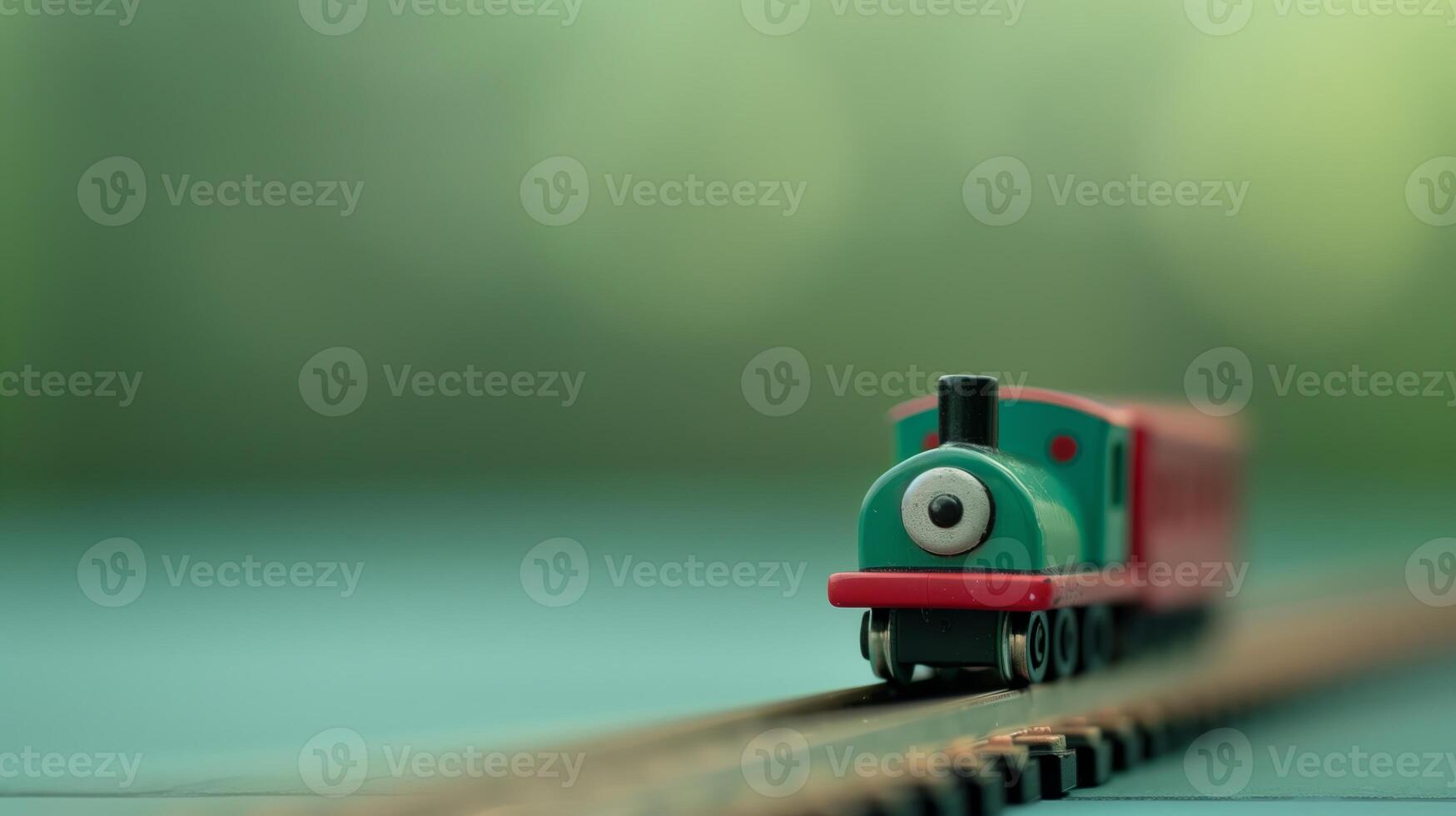 Vintage Toy Train Model on Track Against Green Bokeh Background, Nostalgic Childhood Memorial, Holiday Gift Idea, Retro Plaything for Kids, Detailed Miniature Train Set for Collectors photo