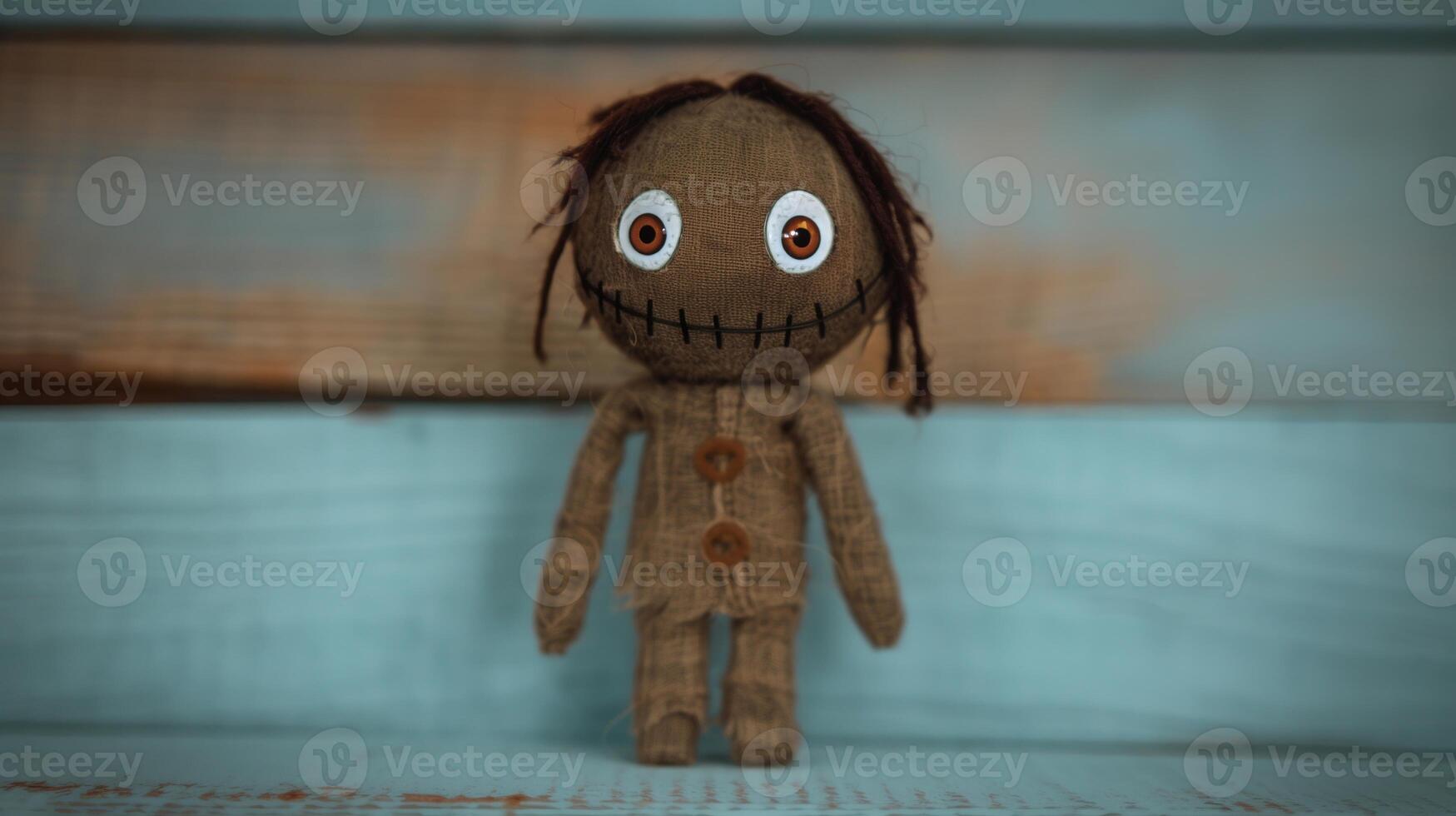 Handcrafted Burlap Doll with Button Eyes on Blue Wooden Background - Nostalgic Handmade Toy Design for Halloween Decoration or Rustic Home Decor Ideas photo