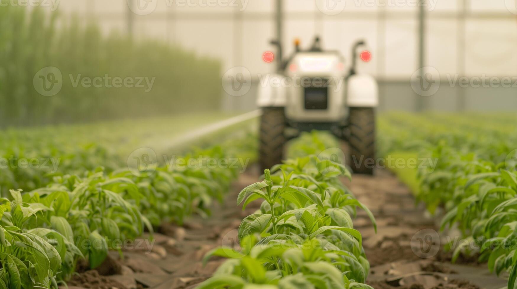 Modern Automated Sprayer in Greenhouse for Sustainable Agriculture with Advanced Irrigation Technology and Tomato Plants in Rows photo