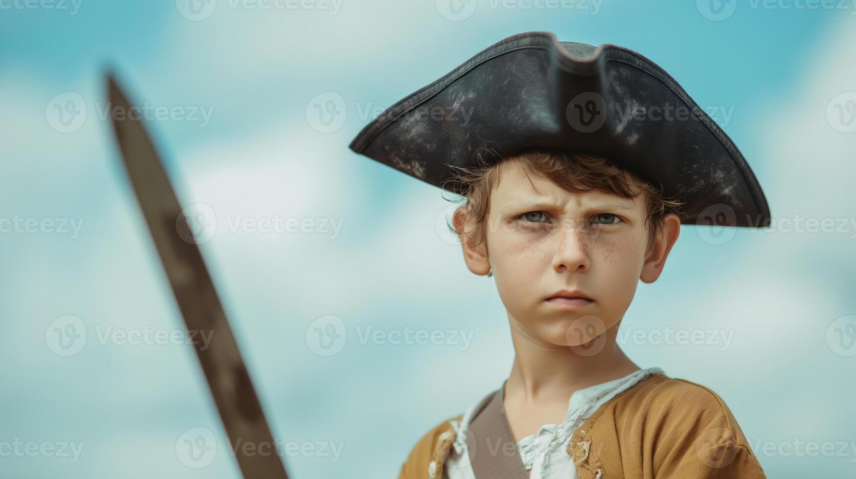 Boy Dressed as Pirate Holding Sword Against Blue Sky with Clouds, Child in Costume, Adventure Theme, Summer Fun, Pirates, Imagination, Kid Playing Outdoors, Historical Role Play photo