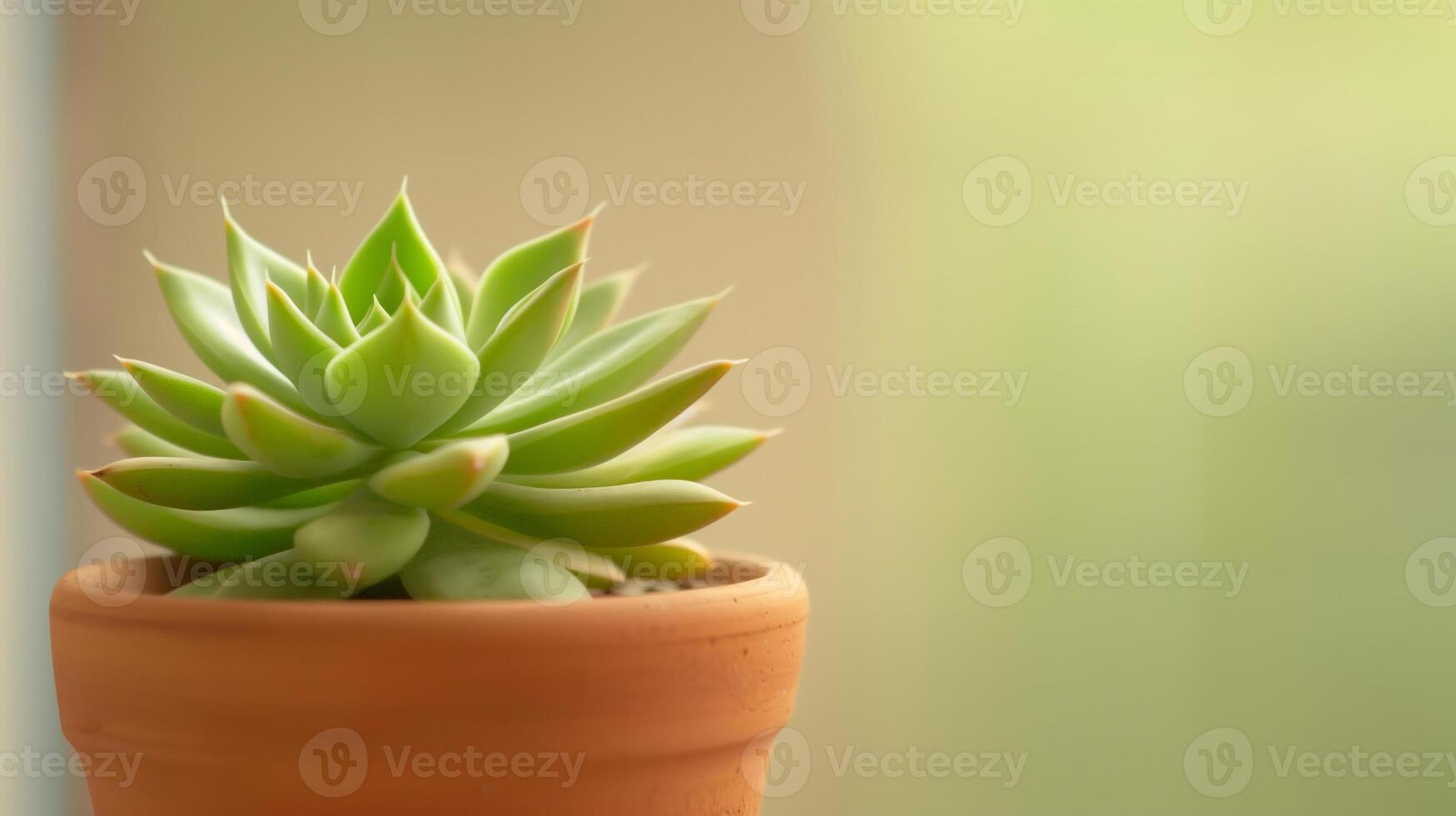 Beautiful Succulent Plant in Terracotta Pot Against Soft Blurred Background, Ideal for Home Decor, Minimalist Design, and Nature Themes photo