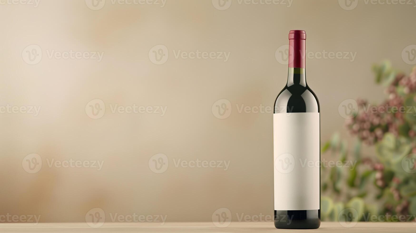 Red Wine Bottle Mockup Clean Label Against Subtle Blurred Background with Blank Label for Custom Branding and Design, Crossover Use in Advertising, Marketing, Fine Dining, Emphasizing Sophistication photo
