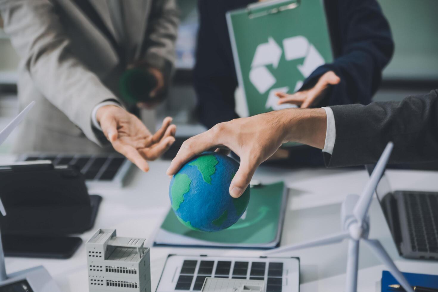 Carbon offset price report CO2 emission. Future growth Net zero waste in ESG ethical SME office protect climate change global warming social issues project. Group of asia people Eco friendly SDGs plan photo