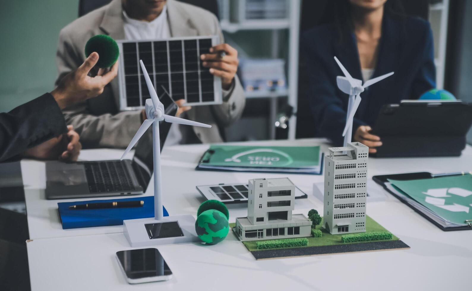 Carbon offset price report CO2 emission. Future growth Net zero waste in ESG ethical SME office protect climate change global warming social issues project. Group of asia people Eco friendly SDGs plan photo