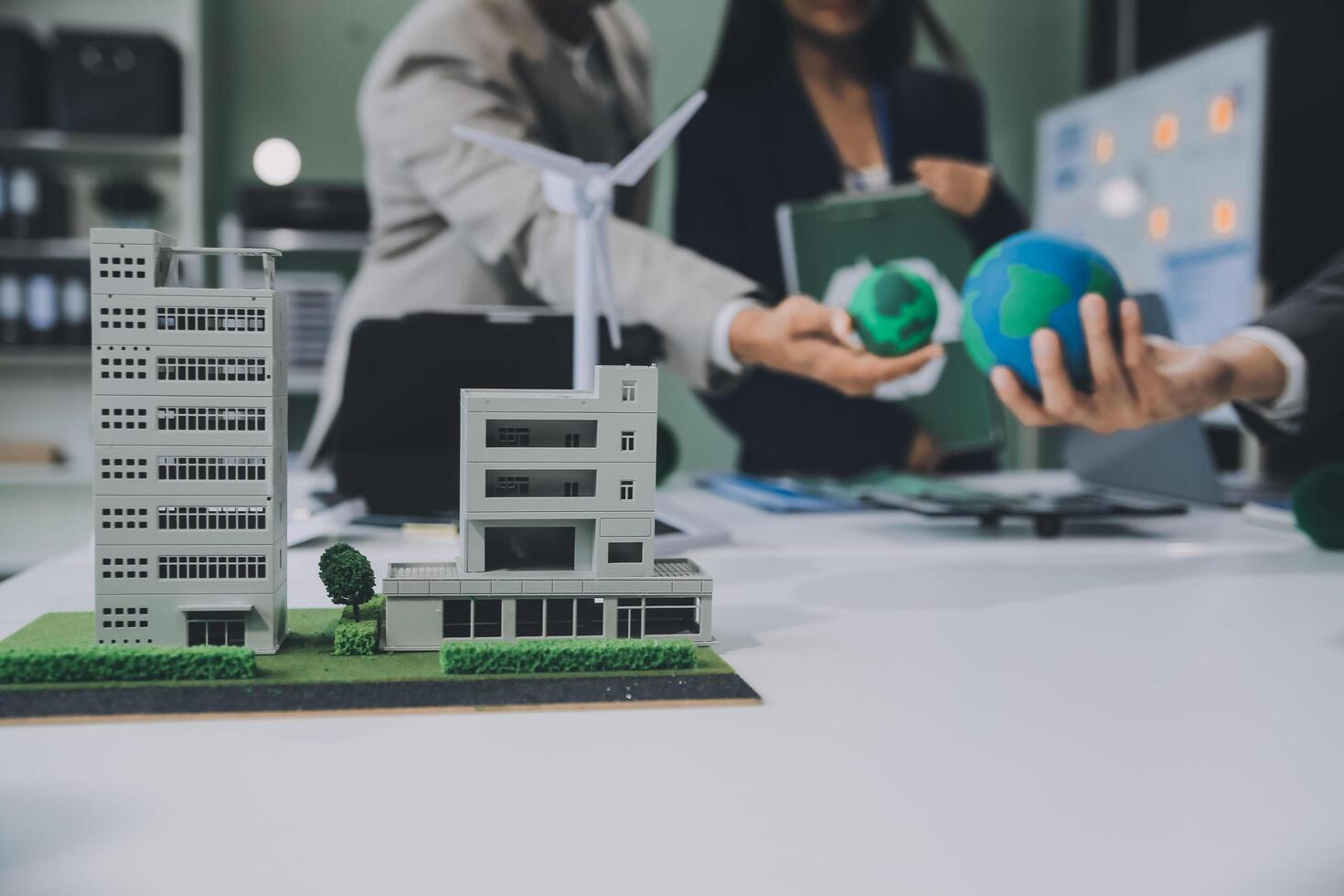 Carbon offset price report CO2 emission. Future growth Net zero waste in ESG ethical SME office protect climate change global warming social issues project. Group of asia people Eco friendly SDGs plan photo